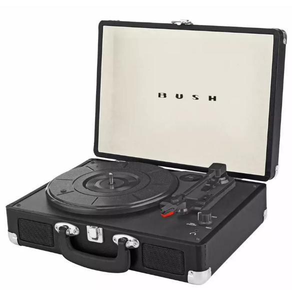 patefonas lagaminėlyje su garsiakalbiais